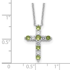 SS RH-plated Green CZ August Birthstone Cross w/2in ext Necklace