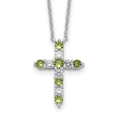 SS RH-plated Green CZ August Birthstone Cross w/2in ext Necklace