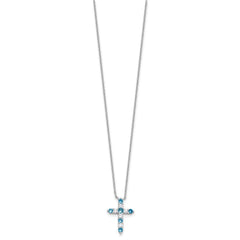 SS RH-plated Blue CZ December Birthstone Cross w/2in ext Necklace