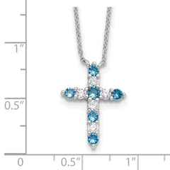 SS RH-plated Blue CZ December Birthstone Cross w/2in ext Necklace