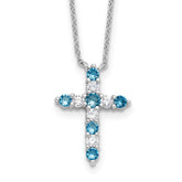 SS RH-plated Blue CZ December Birthstone Cross w/2in ext Necklace
