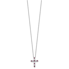 SS RH-plated Purple CZ February Birthstone Cross w/2in ext Necklace