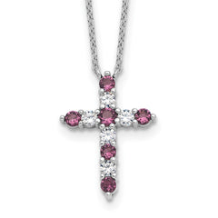 SS RH-plated Purple CZ February Birthstone Cross w/2in ext Necklace