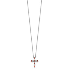SS RH-plated Red CZ January Birthstone Cross w/2in ext Necklace