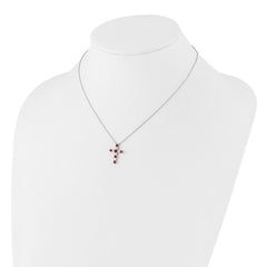 SS RH-plated Red CZ January Birthstone Cross w/2in ext Necklace