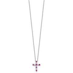 SS RH-plated Dark Pink CZ July Birthstone Cross w/2in ext Necklace