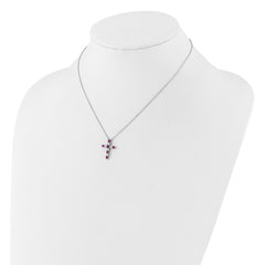 SS RH-plated Dark Pink CZ July Birthstone Cross w/2in ext Necklace