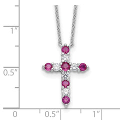 SS RH-plated Dark Pink CZ July Birthstone Cross w/2in ext Necklace