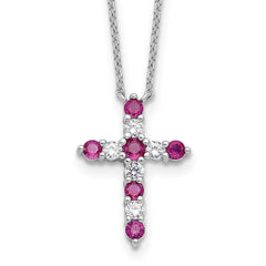 SS RH-plated Dark Pink CZ July Birthstone Cross w/2in ext Necklace