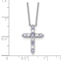 SS RH-plated Lt Purple CZ June Birthstone Cross w/2in ext Necklace