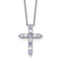SS RH-plated Lt Purple CZ June Birthstone Cross w/2in ext Necklace