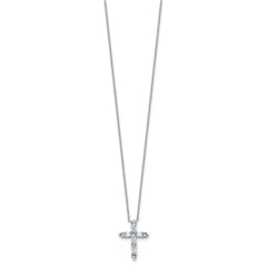 SS RH-plated Lt Blue CZ March Birthstone Cross w/2in ext Necklace