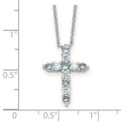 SS RH-plated Lt Blue CZ March Birthstone Cross w/2in ext Necklace