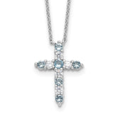 SS RH-plated Lt Blue CZ March Birthstone Cross w/2in ext Necklace