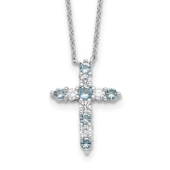 SS RH-plated Lt Blue CZ March Birthstone Cross w/2in ext Necklace