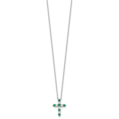 SS RH-plated Green CZ May Birthstone Cross w/2in ext Necklace
