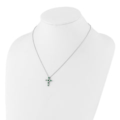 SS RH-plated Green CZ May Birthstone Cross w/2in ext Necklace