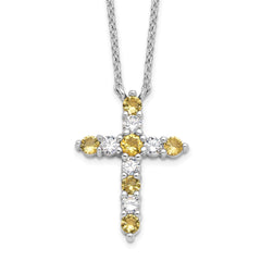 SS RH-plated Yellow CZ Nov Birthstone Cross w/2in ext Necklace