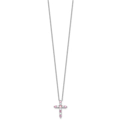 SS RH-plated Pink CZ October Birthstone Cross w/2in ext Necklace