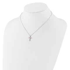 SS RH-plated Pink CZ October Birthstone Cross w/2in ext Necklace