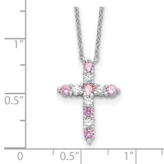 SS RH-plated Pink CZ October Birthstone Cross w/2in ext Necklace