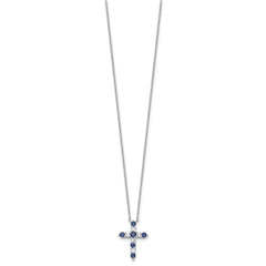 SS RH-plated Dark Blue CZ Sept Birthstone Cross w/2in ext Necklace