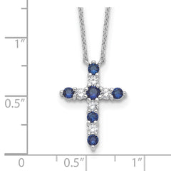 SS RH-plated Dark Blue CZ Sept Birthstone Cross w/2in ext Necklace