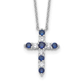 SS RH-plated Dark Blue CZ Sept Birthstone Cross w/2in ext Necklace