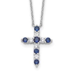 SS RH-plated Dark Blue CZ Sept Birthstone Cross w/2in ext Necklace