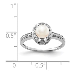 Sterling Silver Rhodium-plated Diam. & FW Cultured Pearl Ring - 18