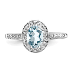 Sterling Silver Rhodium-plated Diam. & Aquamarine Ring - 16