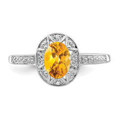 Sterling Silver Rhodium-plated Diam. & Citrine Ring - 9