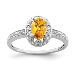 Sterling Silver Rhodium-plated Diam. & Citrine Ring - 9