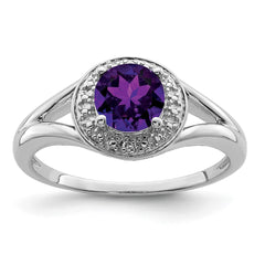 Sterling Silver Rhodium-plated Diam. & Amethyst Ring - 7