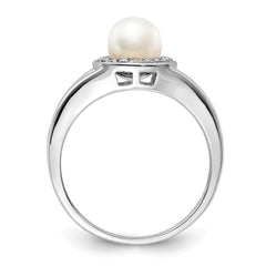 Sterling Silver Rhodium-plated Diam. & FW Cultured Pearl Ring - 9
