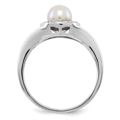 Sterling Silver Rhodium-plated Diam. & FW Cultured Pearl Ring - 9