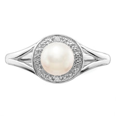 Sterling Silver Rhodium-plated Diam. & FW Cultured Pearl Ring - 5