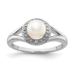 Sterling Silver Rhodium-plated Diam. & FW Cultured Pearl Ring - 5