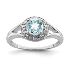 Sterling Silver Rhodium-plated Diam. & Aquamarine Ring - 8