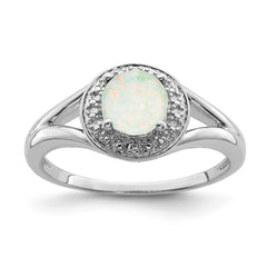 Sterling Silver Rhodium-plated Diam. & Created Opal Ring - 10