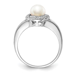 Sterling Silver Rhodium-plated Diam. & FW Cultured Pearl Ring - 13