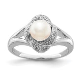 Sterling Silver Rhodium-plated Diam. & FW Cultured Pearl Ring - 16