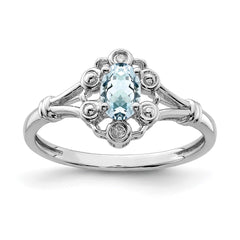 Sterling Silver Rhodium-plated Aquamarine & Diam. Ring - 12