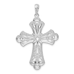 De-Ani Sterling Silver Rhodium-plated Polished Filigree Bead Edge Fleur de Lis Cross Pendant