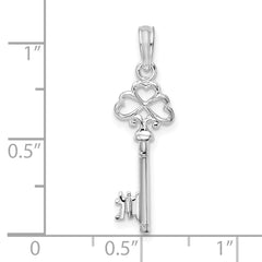 De-Ani Sterling Silver Rhodium-Plated Polished 3D Key with Hearts Top Pendant