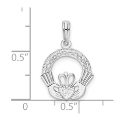 De-Ani Sterling Silver Rhodium-Plated Polished and Textured Claddagh Circle Pendant