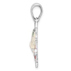 De-Ani Sterling Silver Rhodium-Plated Polished Enameled Bells and Holly Pendant