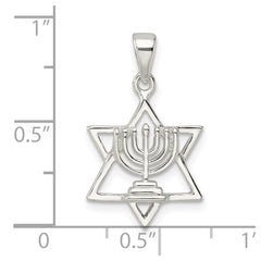 Sterling Silver Polished and D/C Star of David w/Menorah Pendant