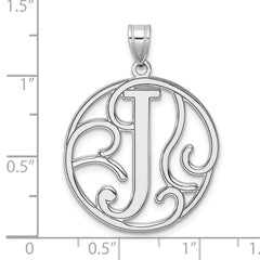 Large Sterling Silver Rhodium-plated Fancy Script Letter J Initial Pendant