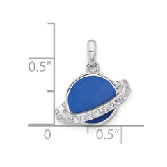 Sterling Silver Rh-plated Polished Round Blue Enamel CZ Planet Pendant